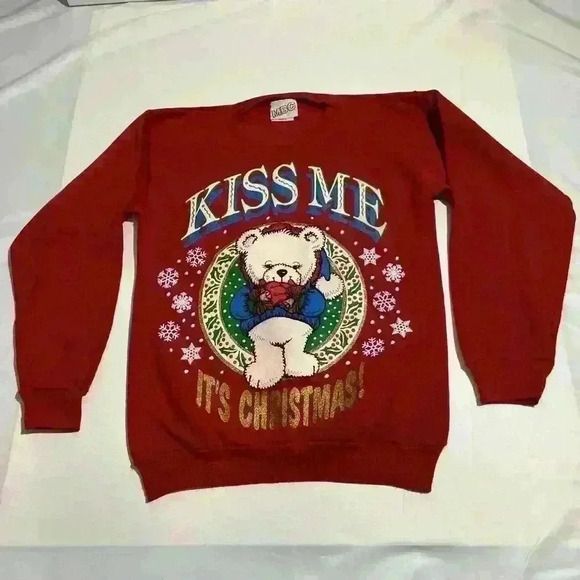 Vintage Kiss Me It’s Christmas Bear Winter Sweatshirt Jumper Oversized Tultex - Picture 1 of 9